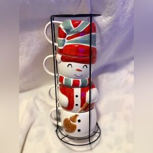 Festive Snowman Stacking Mugs Set - Red and White